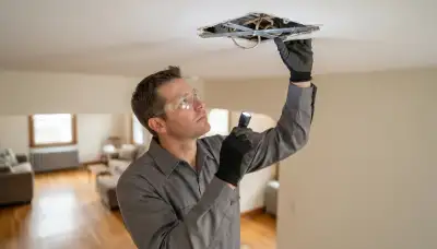 Chicago, IL electrician inspects ceiling box support with flashlight before ceiling fan installation