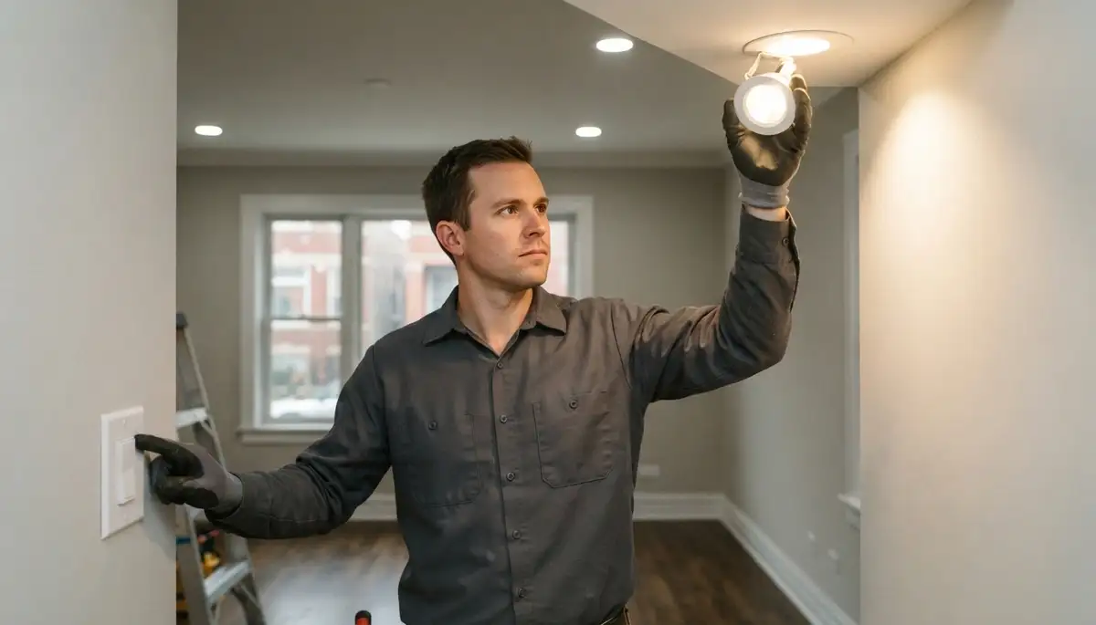 Chicago electrician tests a newly installed light fixture, aiming it and checking switch and dimmer operation