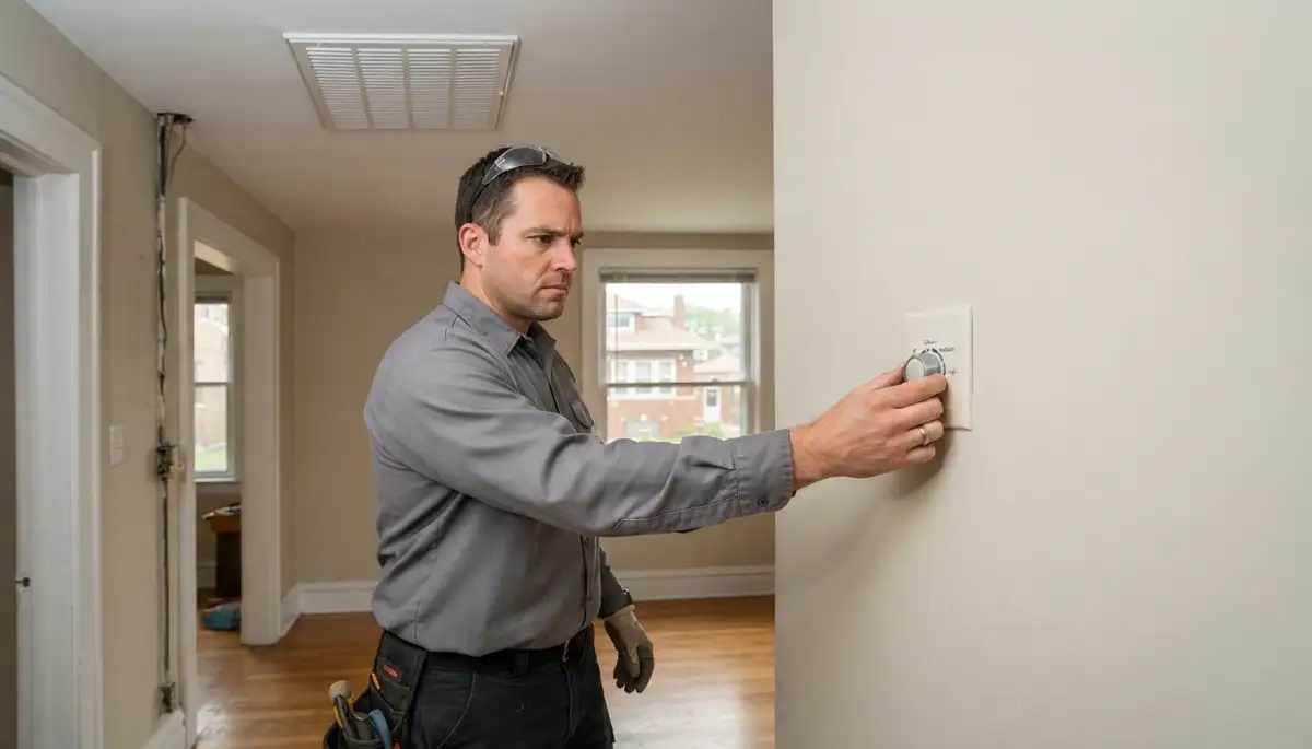 Chicago electrician adjusts whole-house fan speed control beneath a closed ceiling grille