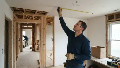 Chicago, IL electrician measures ceiling placement for a residential fire alarm system layout