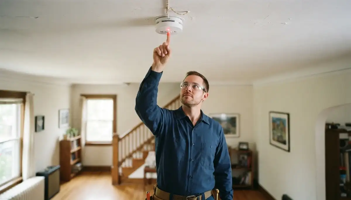 Chicago, IL electrician presses test button on interconnected ceiling smoke detector system
