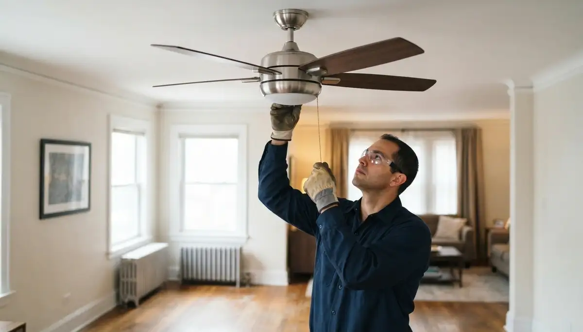 Chicago, IL electrician checks ceiling fan blade balance and flush ceiling mount during installation