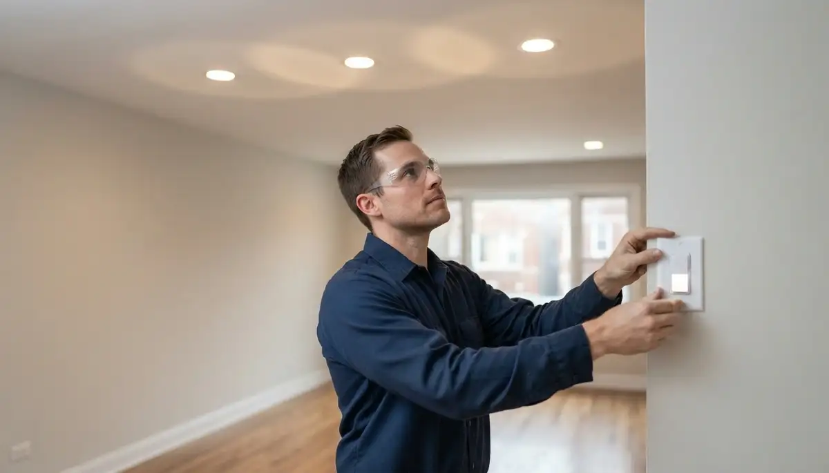 Chicago electrician verifies recessed lighting beam alignment and dimmer performance in a home
