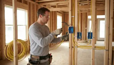 Electrician installing device boxes and pulling cable during new construction wiring in Chicago, IL