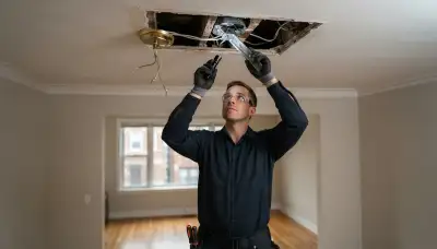 Chicago electrician inspecting ceiling box and support brace before safe chandelier installation in an older home