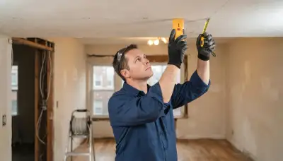 Chicago electrician maps recessed lighting locations with a stud finder and chalk line across a ceiling