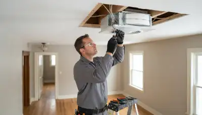 Chicago, IL electrician installs a whole-house fan unit and insulated attic damper in a ceiling opening