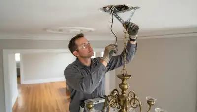 Chicago, IL electrician installing a chandelier with a rated brace and secured electrical wiring