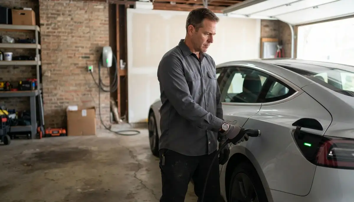 Chicago, IL electrician testing an EV charger by connecting its cable to a vehicle charge port