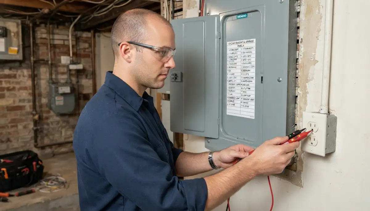 Chicago electrician verifies upgraded electrical panel circuits with a voltage tester and labels breakers