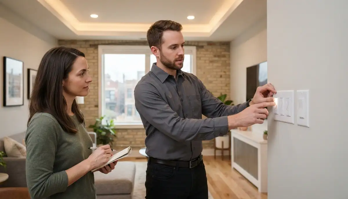 Chicago, IL electrician demonstrates completed lighting installation and dimmer controls to a homeowner