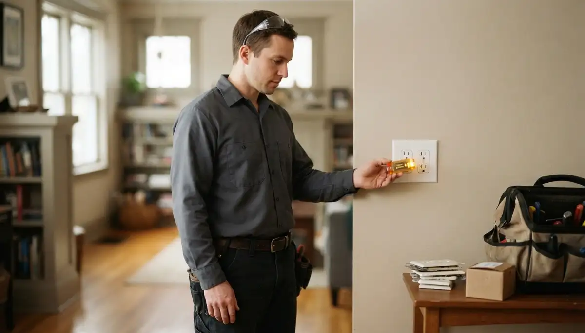 Chicago, IL electrician tests a completed receptacle with a circuit tester before leaving the home