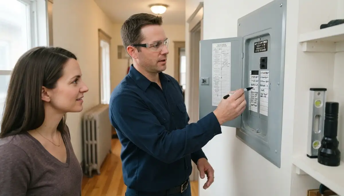 Licensed Chicago electrician shows homeowner a labeled circuit directory after an electrical panel upgrade