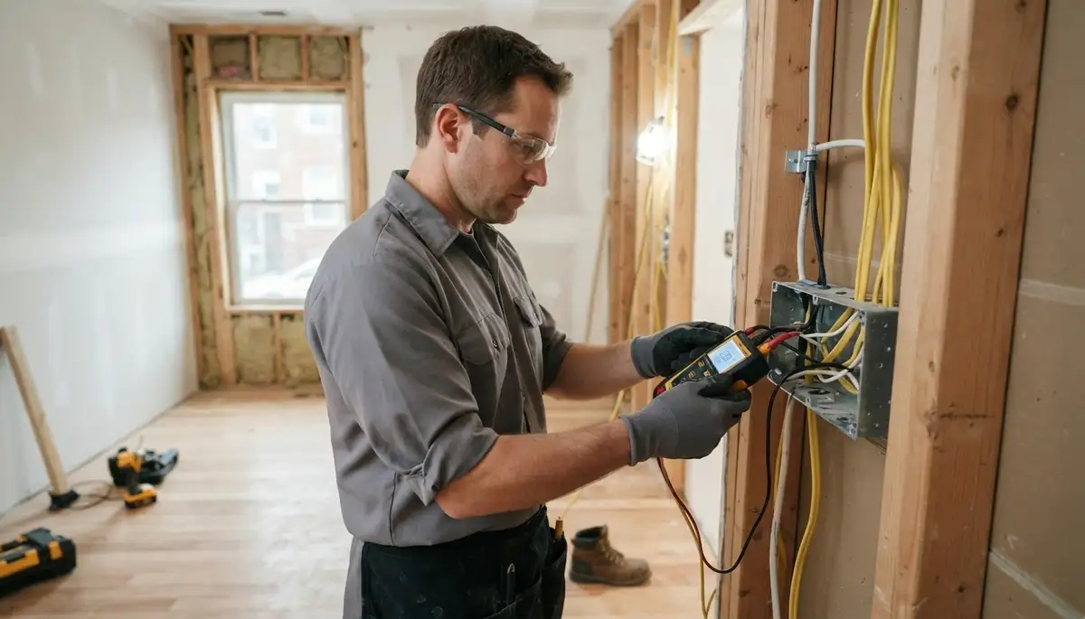 Chicago electrician tests continuity and polarity on new wiring before walls are closed