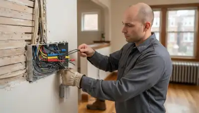 Chicago electrician organizing electrical loads in an open gang box for programmable lighting installation