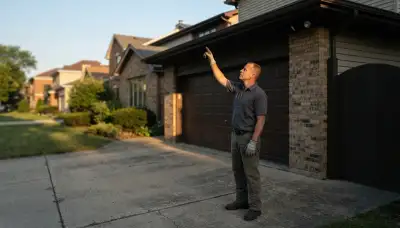 Chicago electrician assesses a garage eave for residential security light installation in Chicago, IL