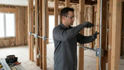 Chicago electrician securing conduit to wall studs in an unfinished home electrical installation