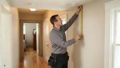 Chicago, IL electrician measures hallway ceiling for smoke detector placement outside bedrooms
