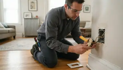 Chicago, IL electrician testing wall receptacle wiring during a home electrical inspection