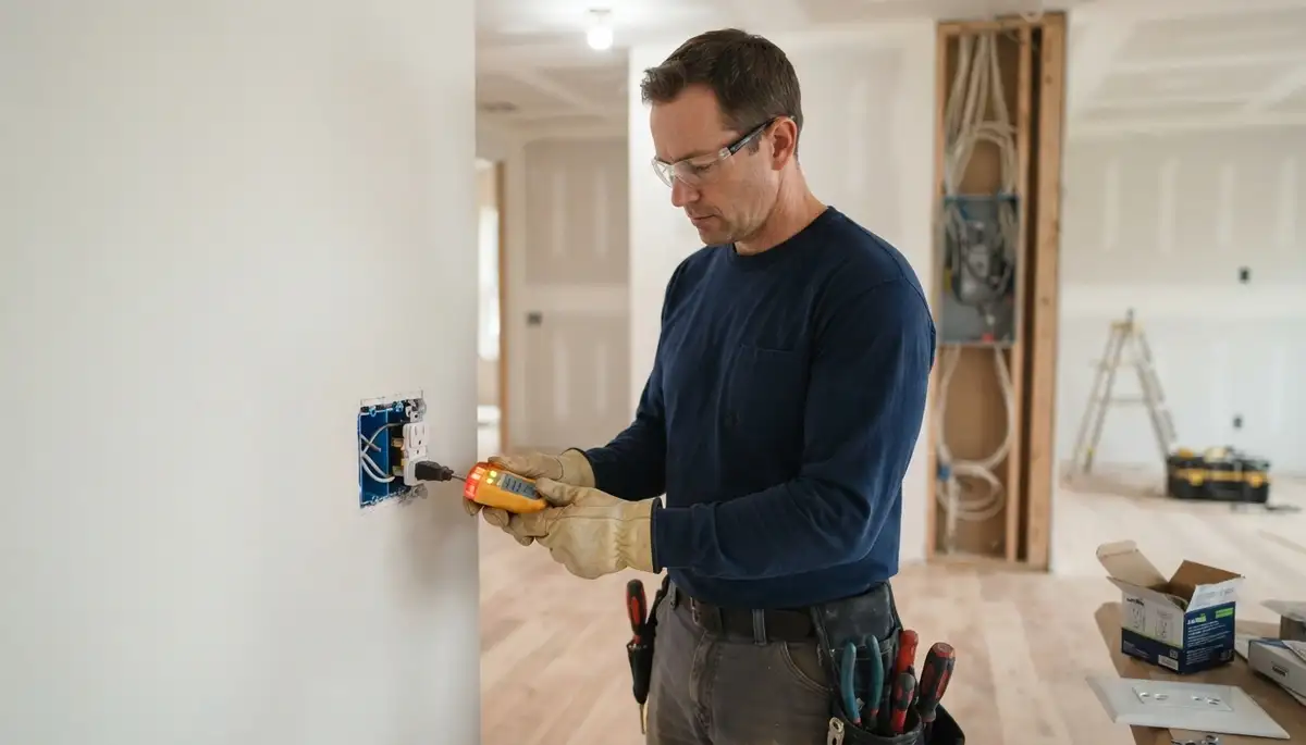 Chicago, IL electrician installing receptacles and switches, testing circuits during new construction trim-out