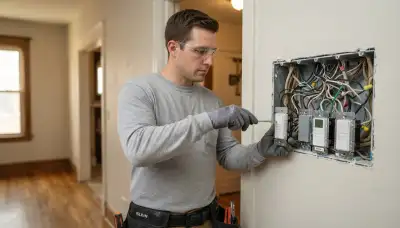 Electrician installing programmable dimmers and controller with circuits safely locked off in a Chicago, IL home