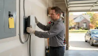 Electrician installing a wall-mounted EV charger and dedicated circuit in a Brookfield, IL garage
