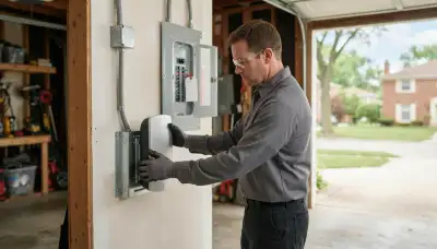 Garage Level 2 EV charger installation in Elmwood Park, IL by a licensed electrician
