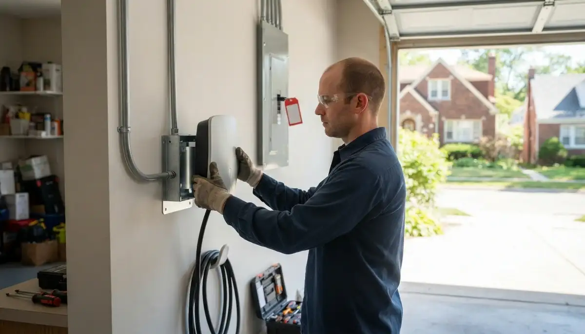 Electrician installs an EV charger and dedicated circuit for an Evanston, IL home