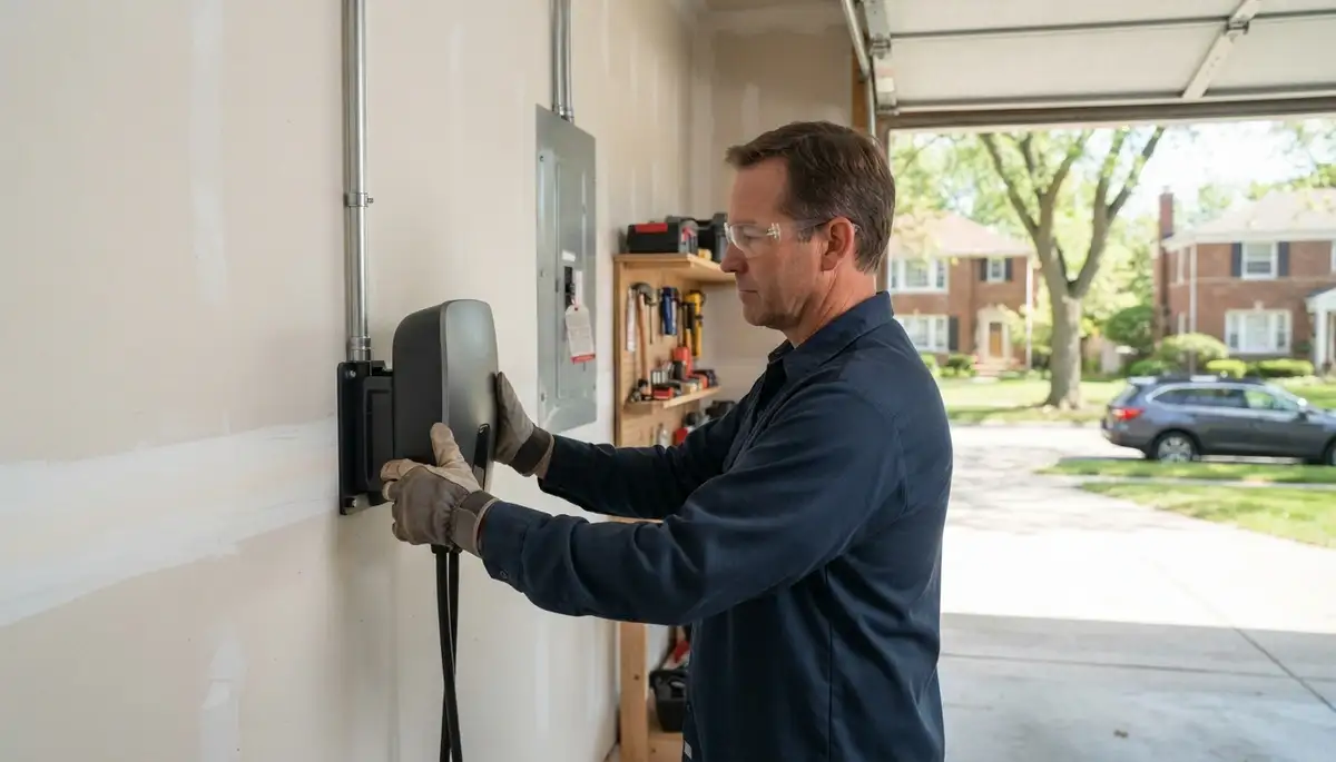 Electrician installing an EV charger on a dedicated circuit in an Evergreen Park, IL garage