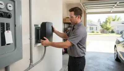 Electrician installing a home EV charger with a dedicated 240-volt circuit in Hometown, IL