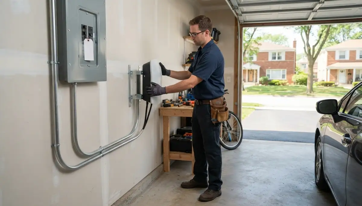 EV charger installation in a Norridge, IL garage with a dedicated 240-volt circuit by an electrician