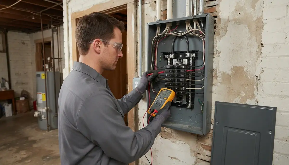 Chicago, IL electrician uses a multimeter to test voltage and polarity after electrical panel installation