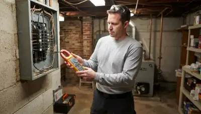 Chicago electrician performs a home energy audit with a clamp meter at an open electrical panel