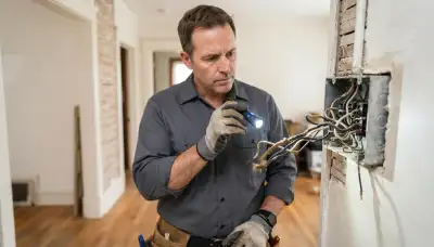 Chicago, IL electrician uses a flashlight to inspect aged wiring insulation and assess safe electrical capacity