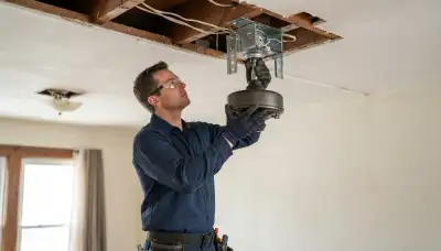 Chicago electrician installs a fan-rated ceiling box and mounts a ceiling fan motor safely