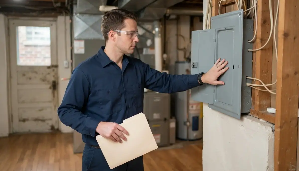 Chicago electrician reviews home energy audit findings beside a closed electrical panel in a Chicago home