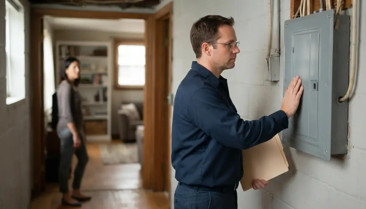 Chicago, IL electrician reviews prioritized home electrical inspection findings with homeowner beside closed panel