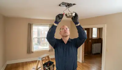 Electrician installs a ceiling light fixture and secures wire connectors in a Chicago, IL home.