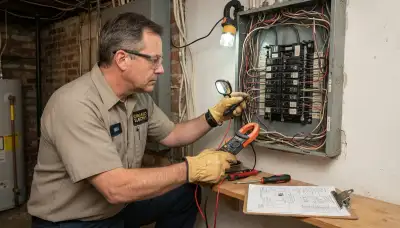 Chicago electrician assessing GFCI circuits at an open electrical panel in a home