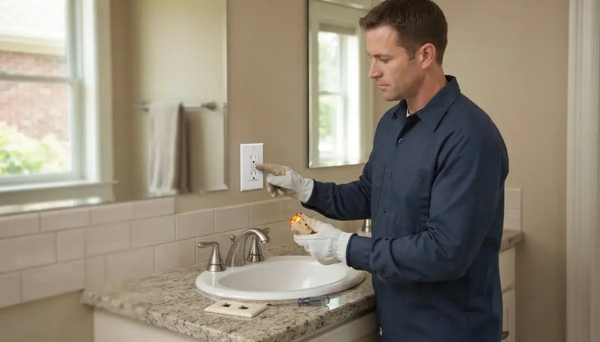 Electrician installs a GFCI outlet near a Brookfield, IL bathroom sink for ground-fault protection