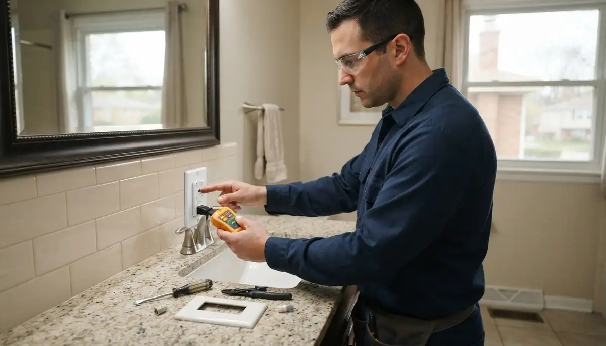 Electrician installing a GFCI outlet near a sink in a Maywood, IL home
