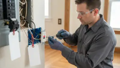 Electrician installing a GFCI receptacle with test and reset buttons in a Chicago, IL home