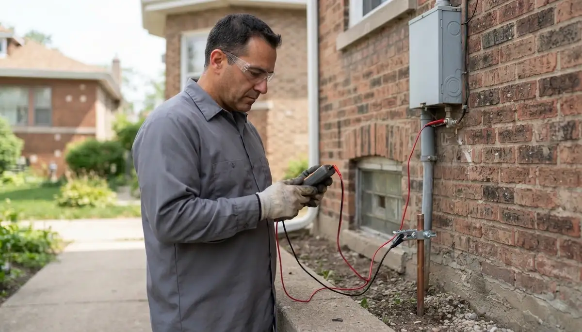Chicago electrician verifies the grounding path with a precision meter for lightning surge protection
