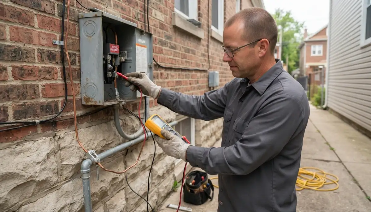 Chicago electrician tests grounding electrode conductor and service voltage with a multimeter