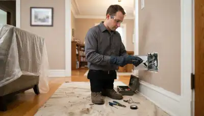 Residential electrician performing safe circuit work on an open electrical box in a protected Chicago, IL home
