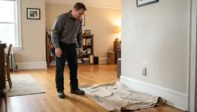 Chicago, IL residential electrician inspecting a home outlet while protecting flooring with a drop cloth