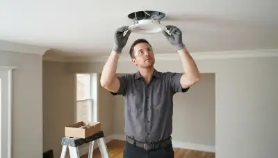 Chicago electrician installing a trim ring on a recessed lighting housing in ceiling drywall