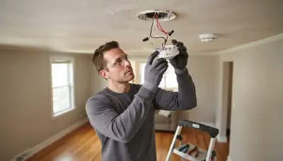Electrician wiring an interconnected smoke detector to a ceiling base in a Chicago, IL home