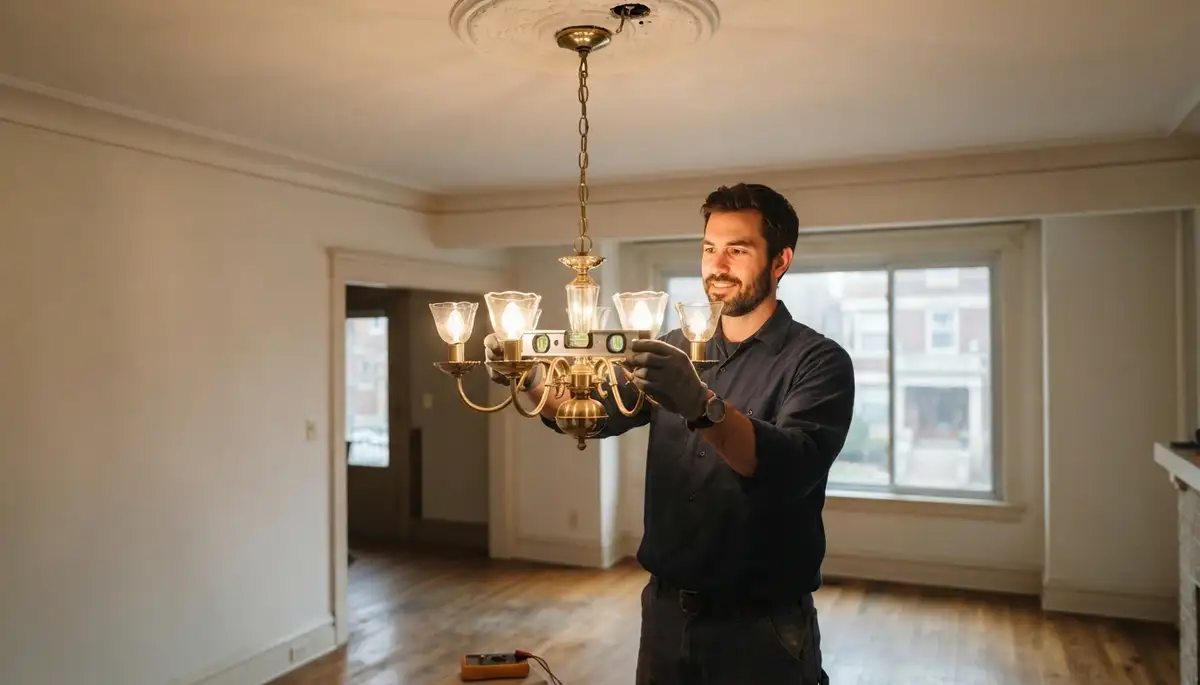 Chicago, IL electrician levels chandelier and tests dimmer during professional installation