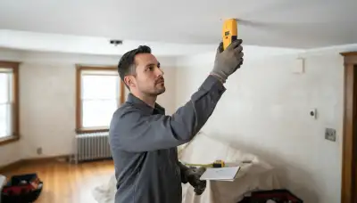 Chicago electrician uses a stud finder to mark ceiling locations for lighting fixture installation